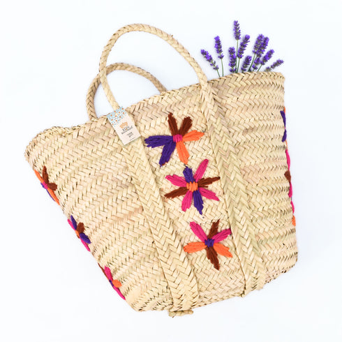 Large Bohemian Violet Stars - Embroidered Straw Basket Market Tote